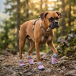 Athletic brown Boxer dog confidently pacing over sharp mountain stones wearing blush pink anti-slip dog shoes with rubber sole protection.