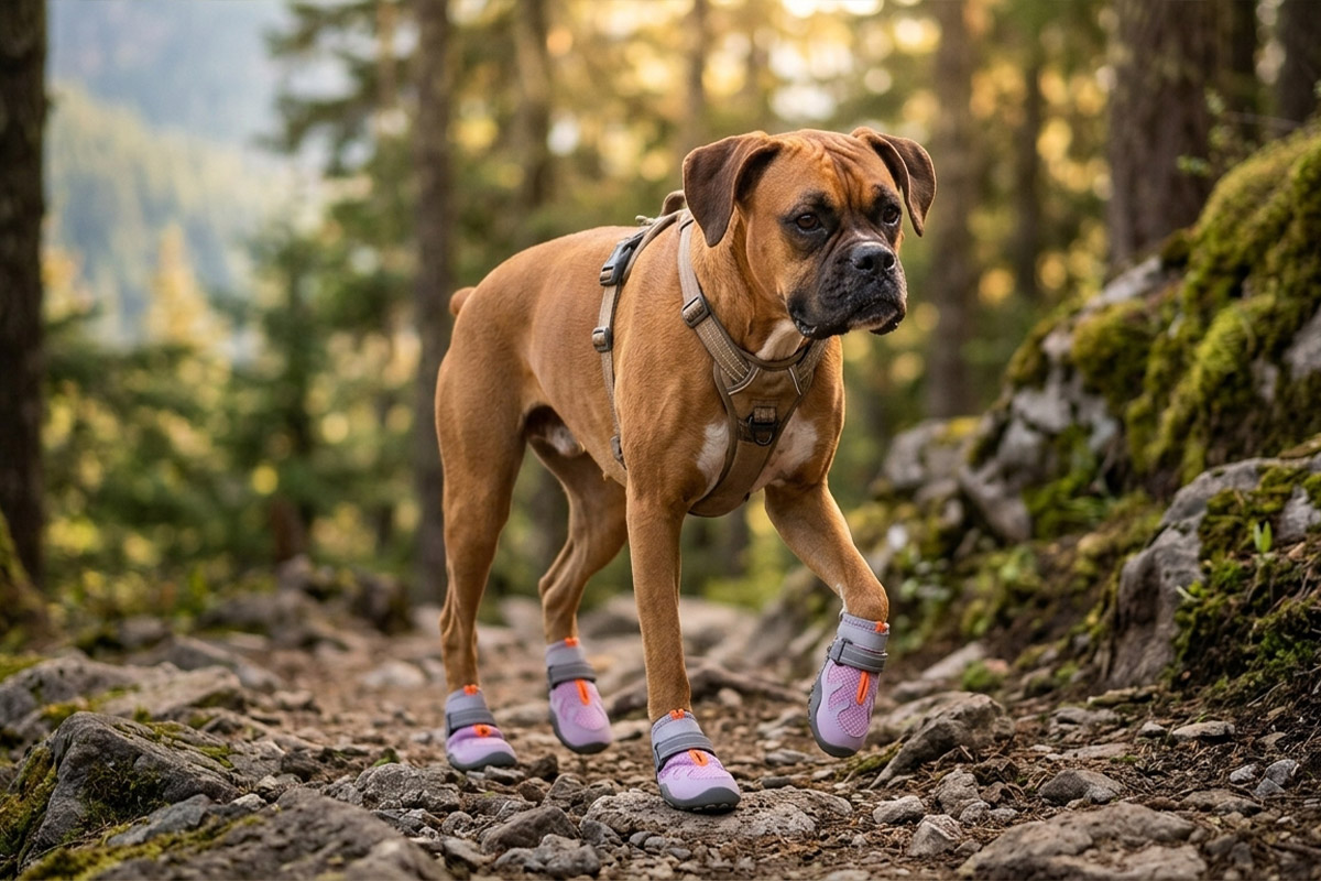 Athletic brown Boxer dog confidently pacing over sharp mountain stones wearing blush pink anti-slip dog shoes with rubber sole protection.