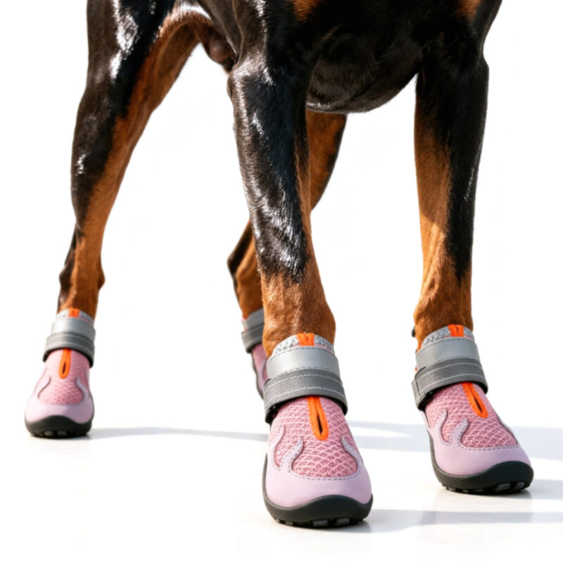 Athletic Doberman Wearing Anti-Slip Dog Shoes With Rubber Sole Doberman Pinscher front legs standing in blush pink anti-slip dog shoes with rubber sole for outdoor stability.