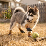 A husky puppy playing with a tennis ball on dry lawn wearing camel tan anti-slip indoor dog socks.