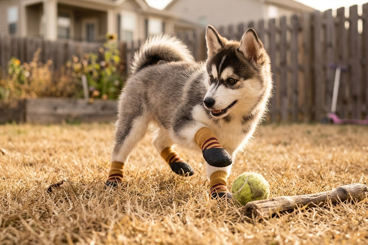A husky puppy playing with a tennis ball on dry lawn wearing camel tan anti-slip indoor dog socks.