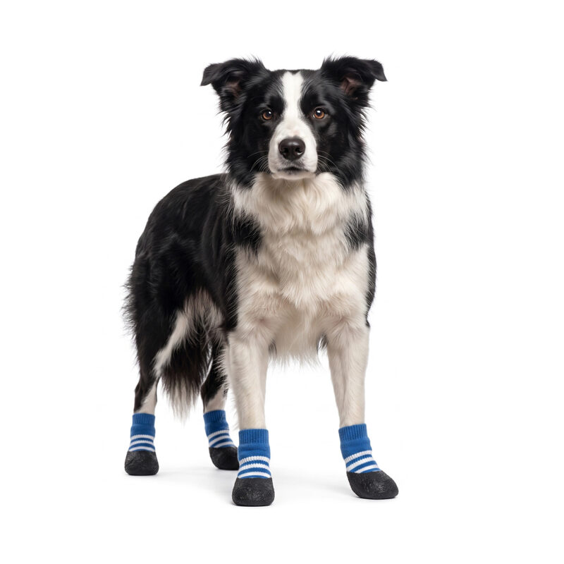 Border Collie standing tall wearing royal blue anti-slip indoor dog socks with athletic striped cuffs.