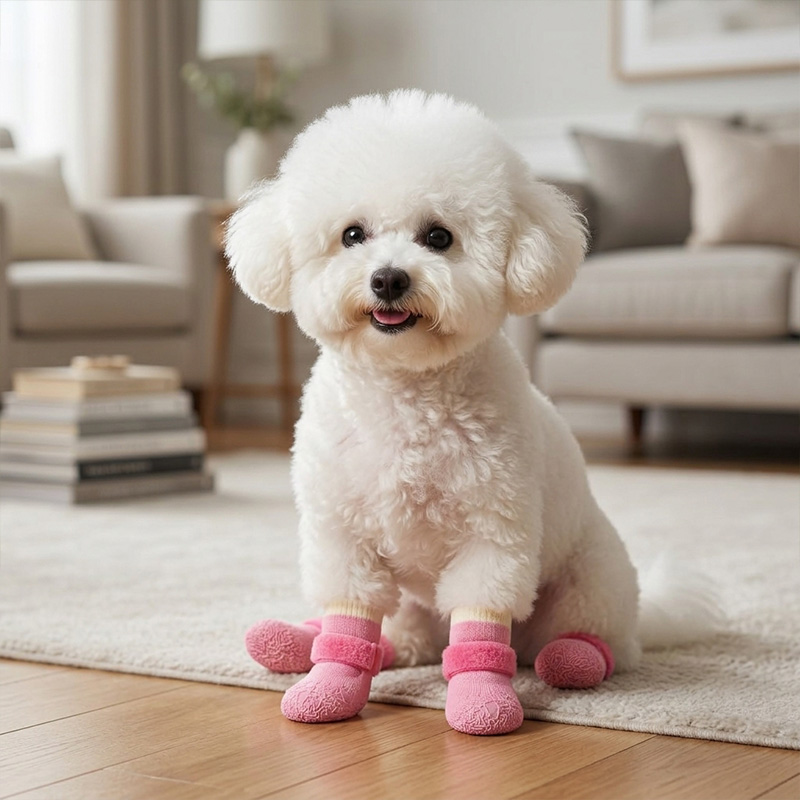 A fluffy white Bichon Frise sitting indoors on a rug wearing cozy pink anti-slip indoor dog socks.