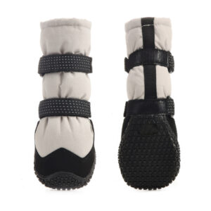 Front and rear view of anti-slip rubber sole boots in silver gray showcasing the deep multi-terrain tire tread base grid.