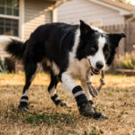 An active Border Collie holding a rope toy in its mouth, playing in a backyard while wearing stealth black anti-slip high-top dog boots.