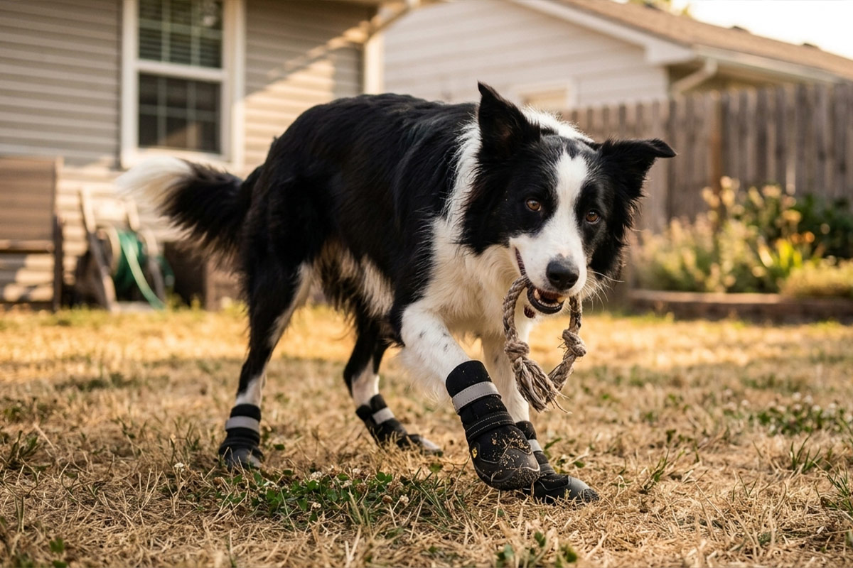 An active Border Collie holding a rope toy in its mouth, playing in a backyard while wearing stealth black anti-slip high-top dog boots.