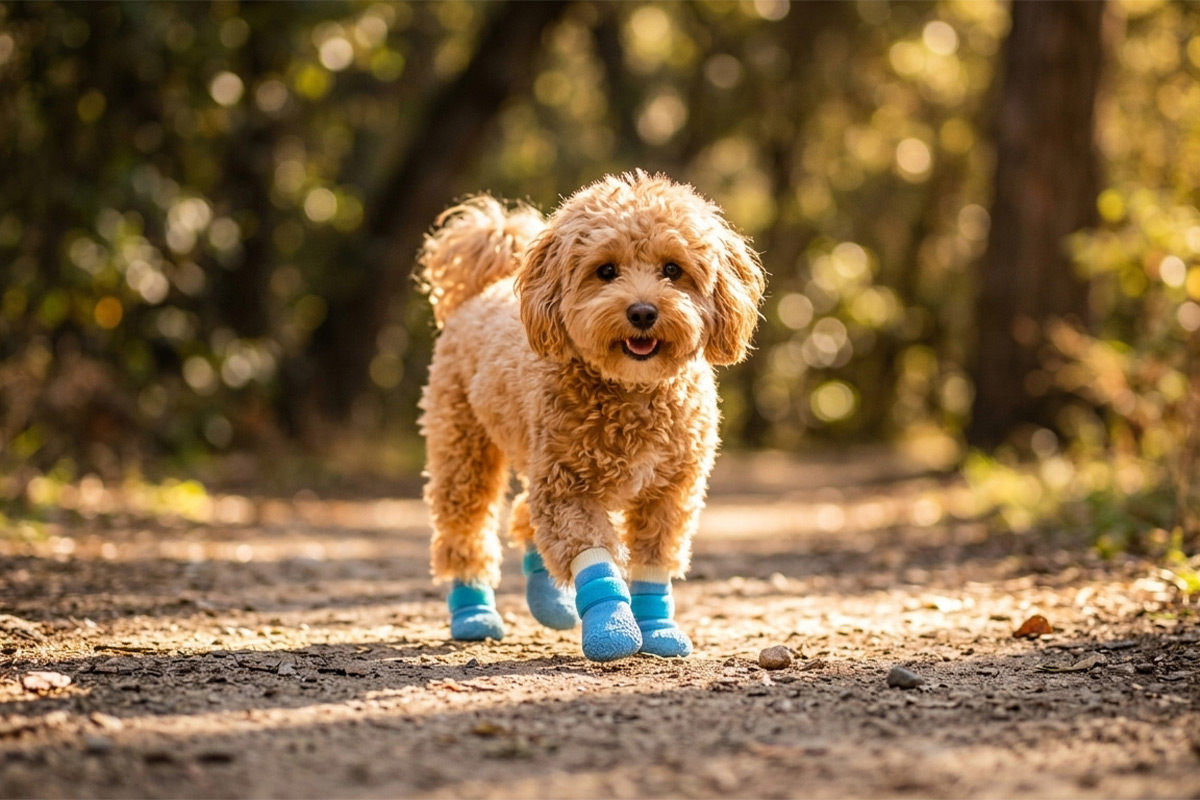 Fluffy poodle trotting down a sunny forest dirt trail wearing sky blue anti-slip textured dog socks.