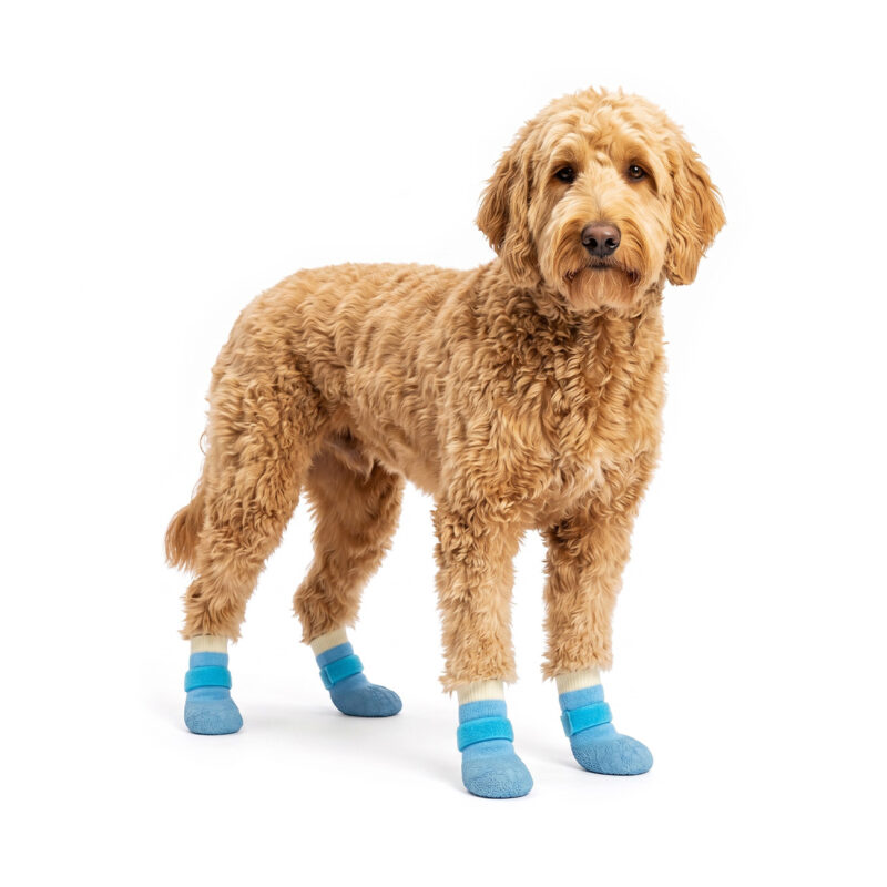 Goldendoodle standing confidently wearing sky blue anti-slip textured dog socks with flexible rubber bottoms.