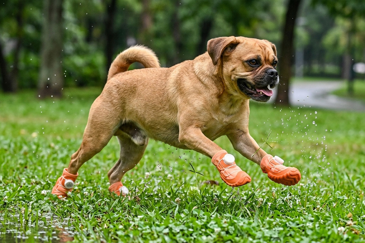 A fawn Pug dog leaping through rain water droplets on a lawn wearing tangerine orange anti-slip wet walking dog shoes.