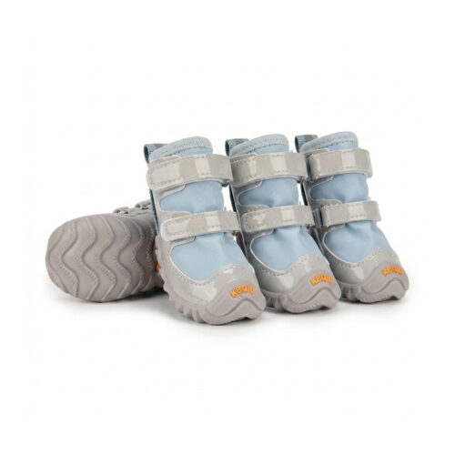 Macaron blue anti-slip windproof dog shoes featuring dual adjustable Velcro straps and durable gray rubber soles.