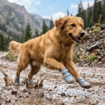 Golden Retriever sprinting through muddy puddles on a mountain path wearing macaron blue anti-slip windproof dog shoes.
