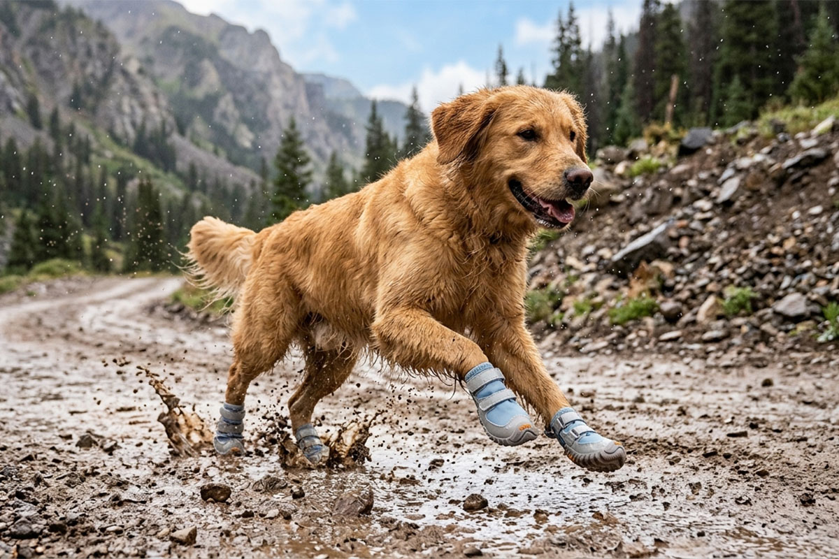 Golden Retriever sprinting through muddy puddles on a mountain path wearing macaron blue anti-slip windproof dog shoes.