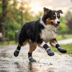 Australian Shepherd running on a wet asphalt pathway wearing grey reflective protective dog shoes.