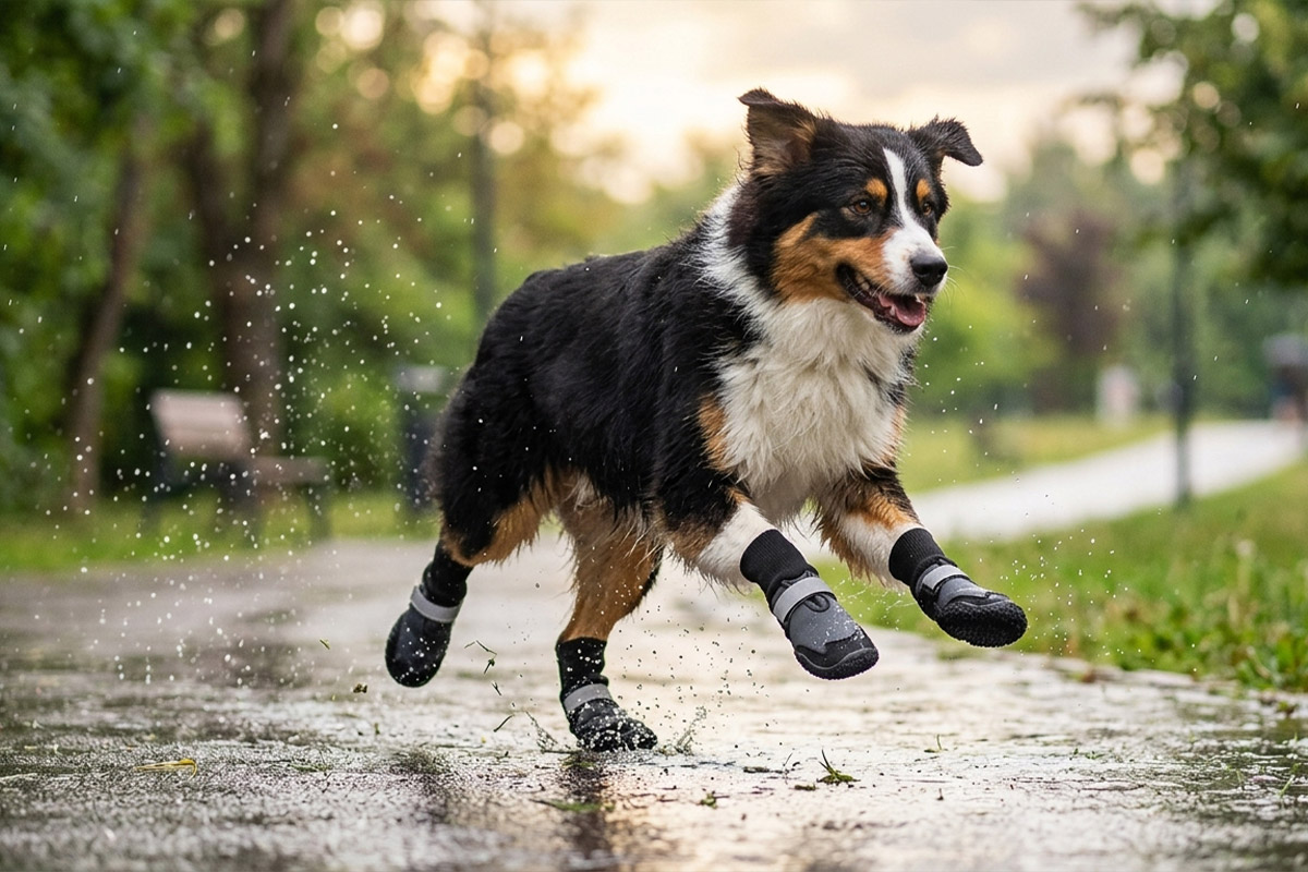 Australian Shepherd running on a wet asphalt pathway wearing grey reflective protective dog shoes.