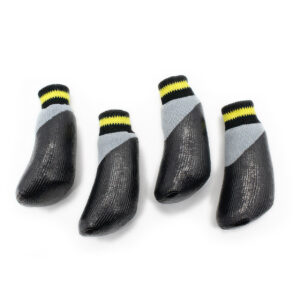 Top view of four silver gray barefoot feel paw protectors displaying the anatomical shape and premium fabric.