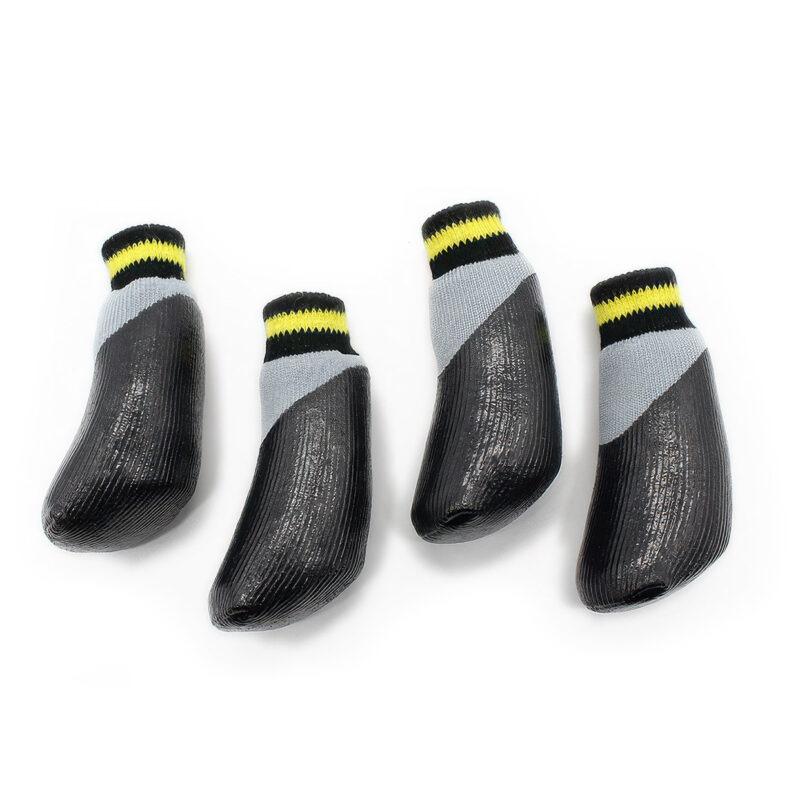 Top view of four silver gray barefoot feel paw protectors displaying the anatomical shape and premium fabric.