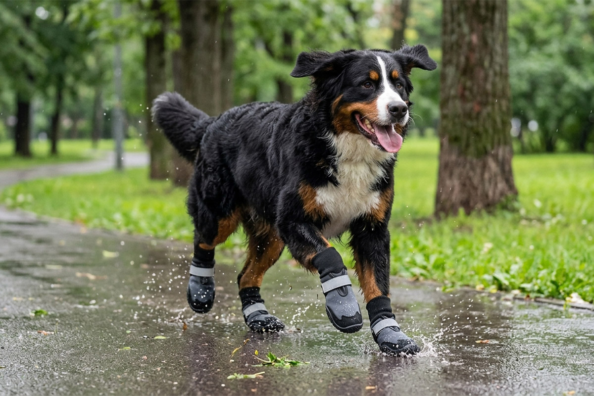 Bernese Mountain Dog trotting on rain slick pavement wearing grey knit cuff winter boots for large dogs.