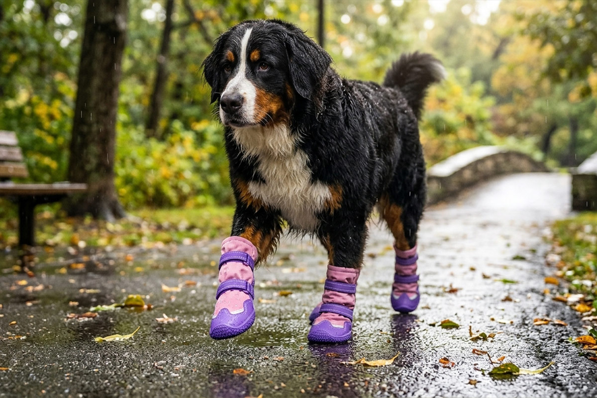Bernese Mountain Dog walking on wet park pavement wearing pink winter-warm dog boots on a rainy day.