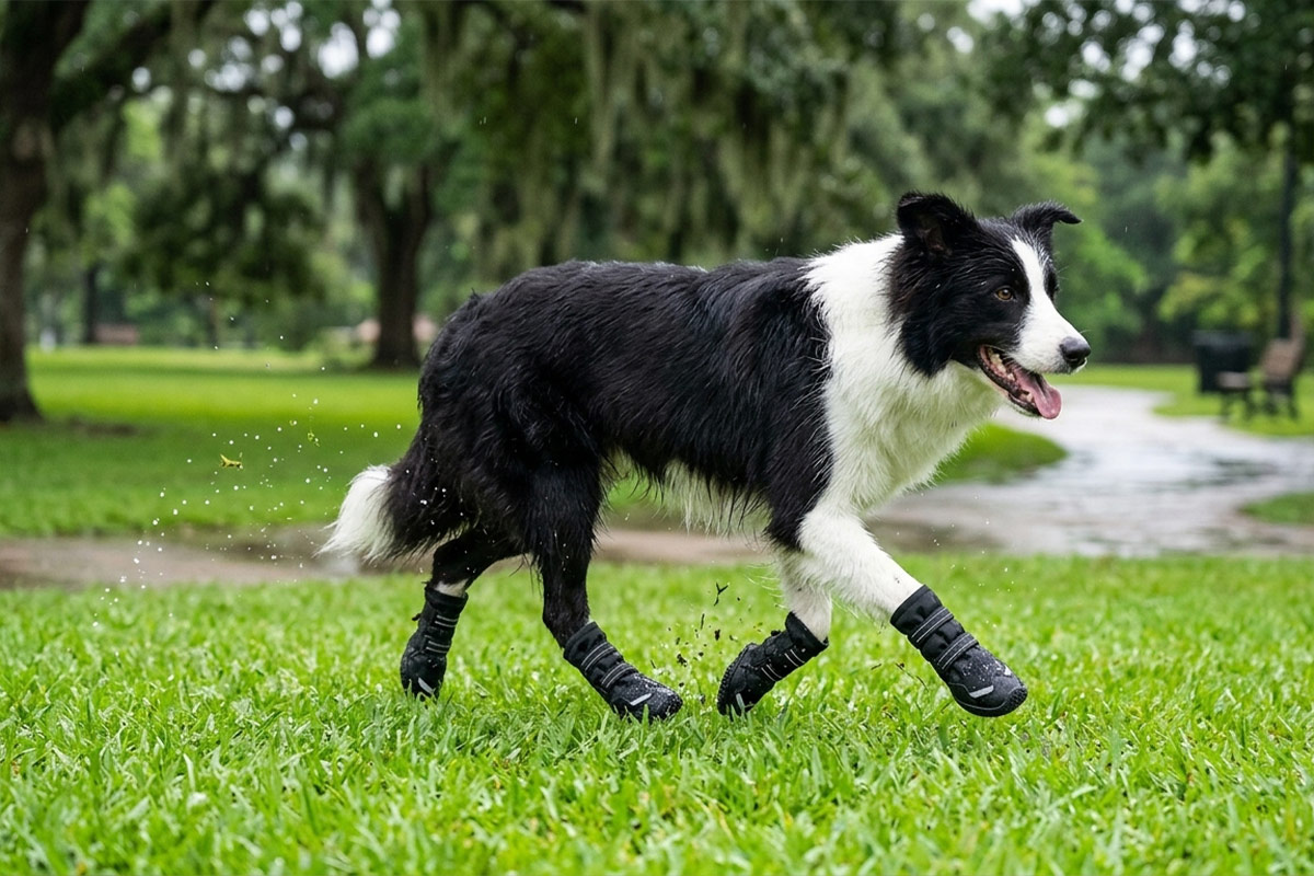 Active Border Collie running on wet grass wearing stealth black anti-slip rubber sole boots with straps.