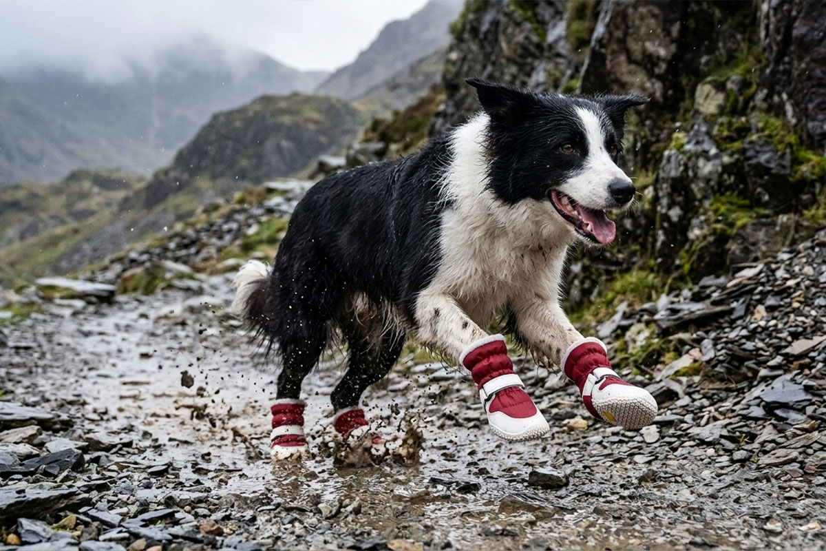 Active Border Collie sprinting across a muddy slate trail wearing crimson red drawstring fleece dog boots.