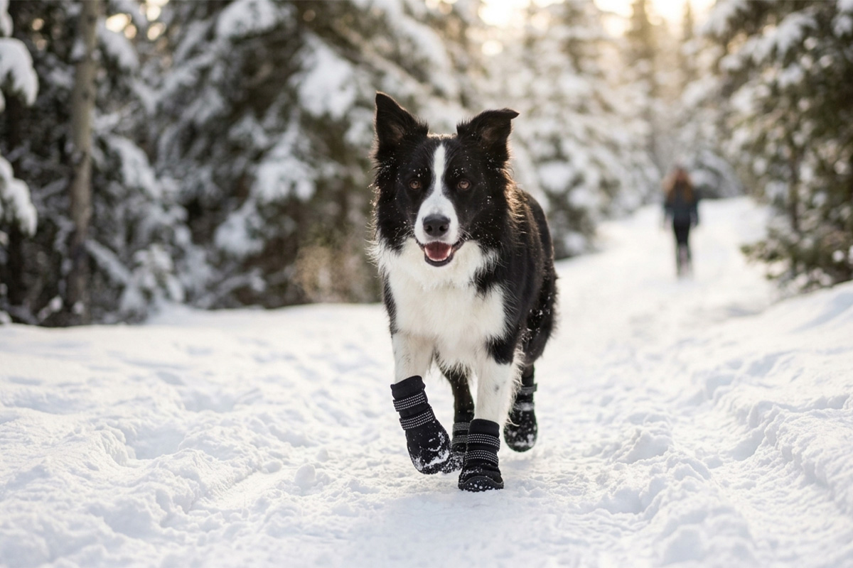 Active Border Collie sprinting across a snowy forest trail wearing stealth black fleece lined dog boots.