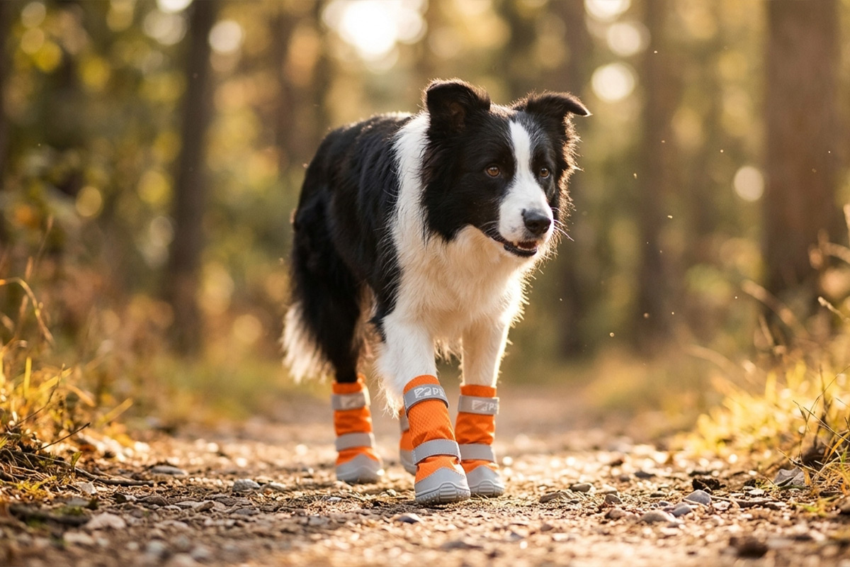 Active Border Collie walking on a sunlit gravel trail wearing tangerine orange lightweight ripstop dog boots.