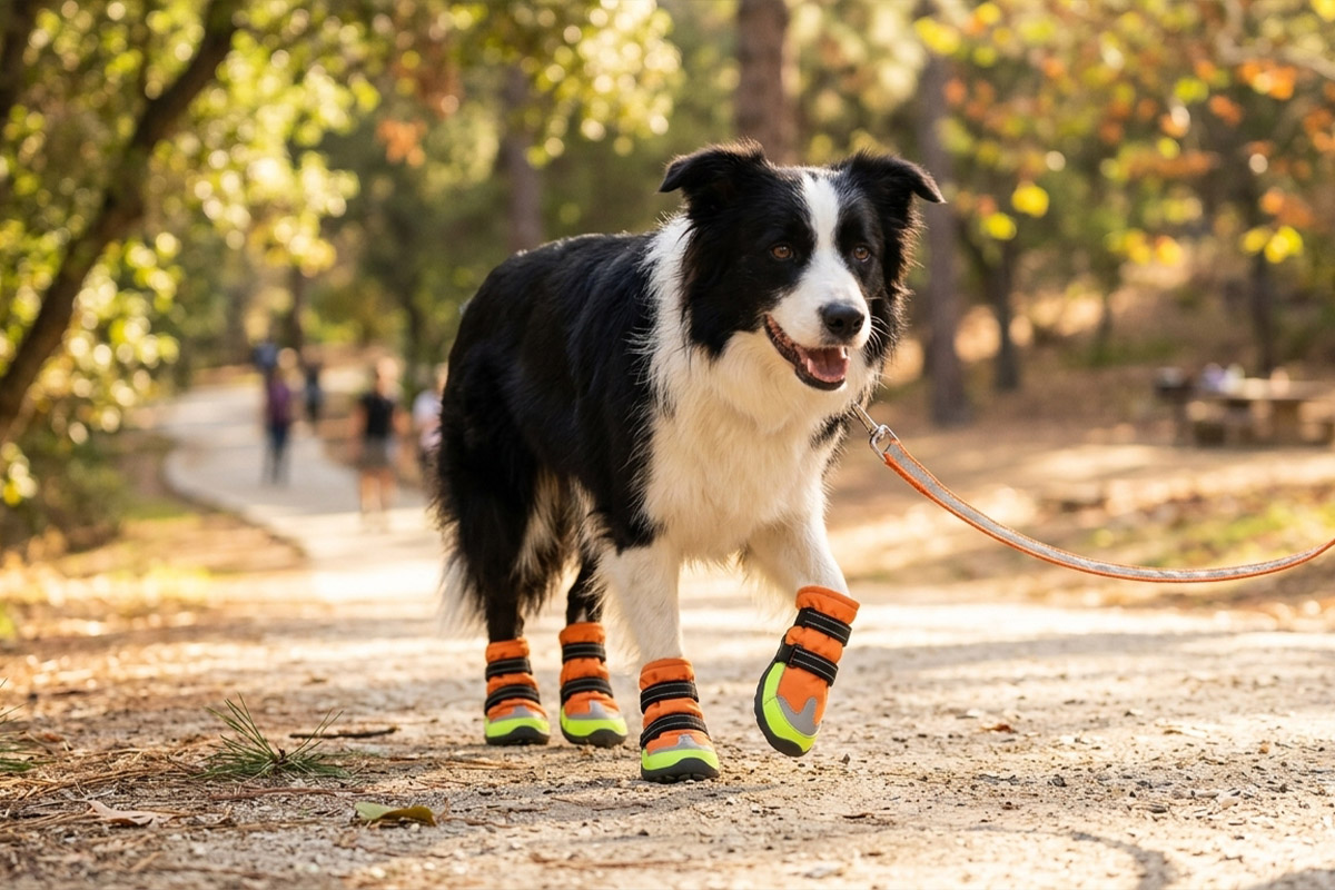 Border Collie walking proudly on an autumn forest trail wearing tangerine orange stay-on winter dog boots.