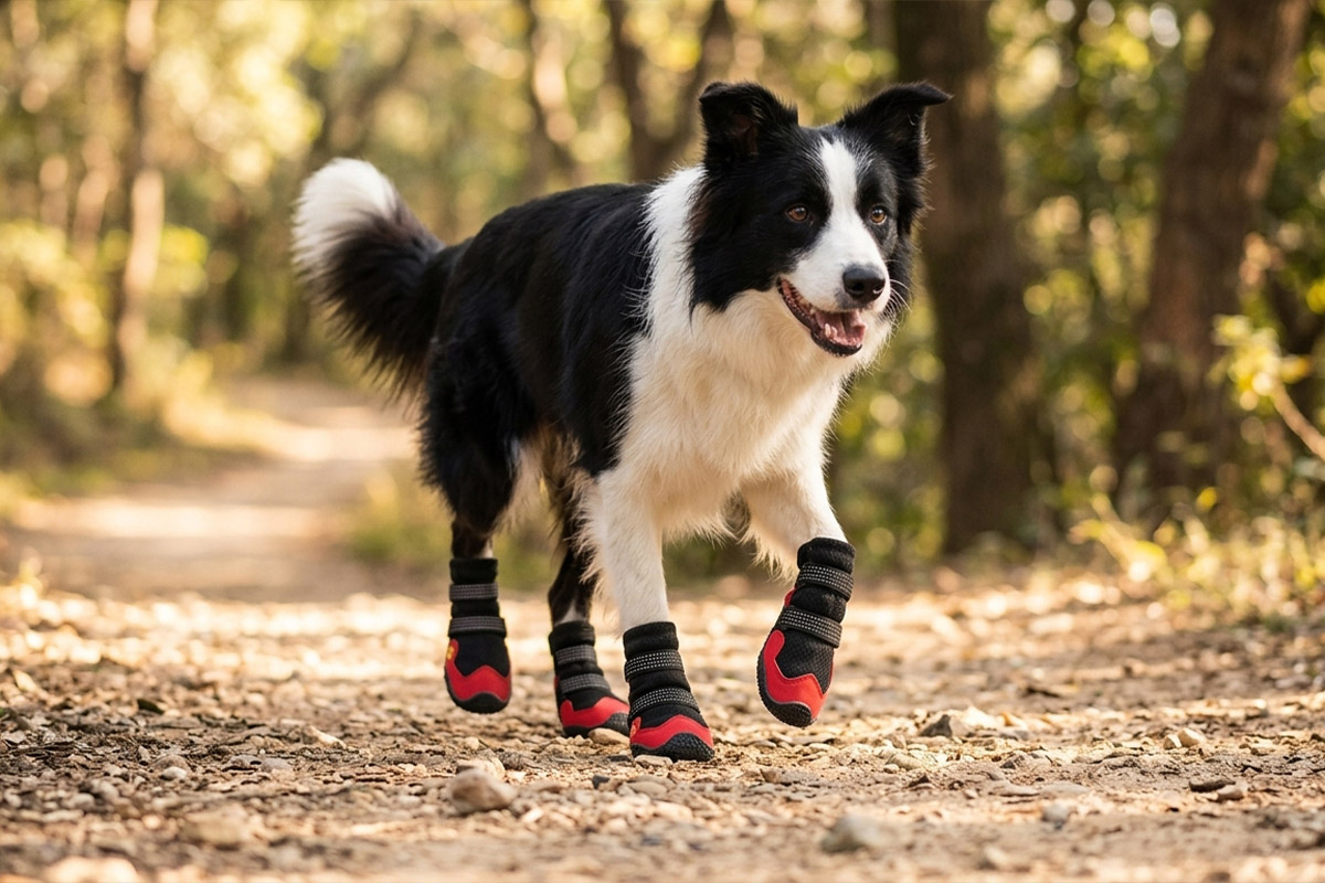Active Border Collie sprinting on a wooded path wearing black and red summer dog boots for large dogs.