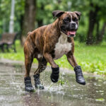 Brindle Boxer dog charging through rain puddles in black all-weather protective shoes with secure straps.