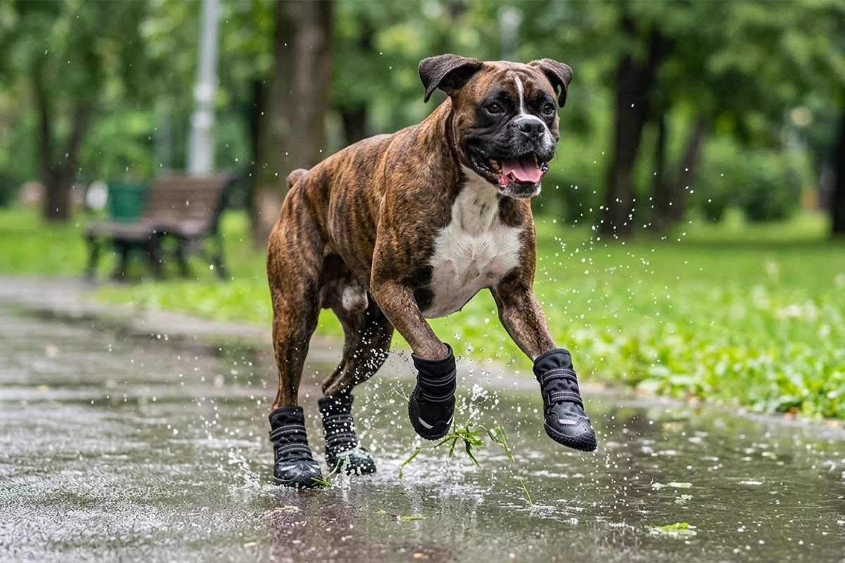 Brindle Boxer dog charging through rain puddles in black all-weather protective shoes with secure straps.