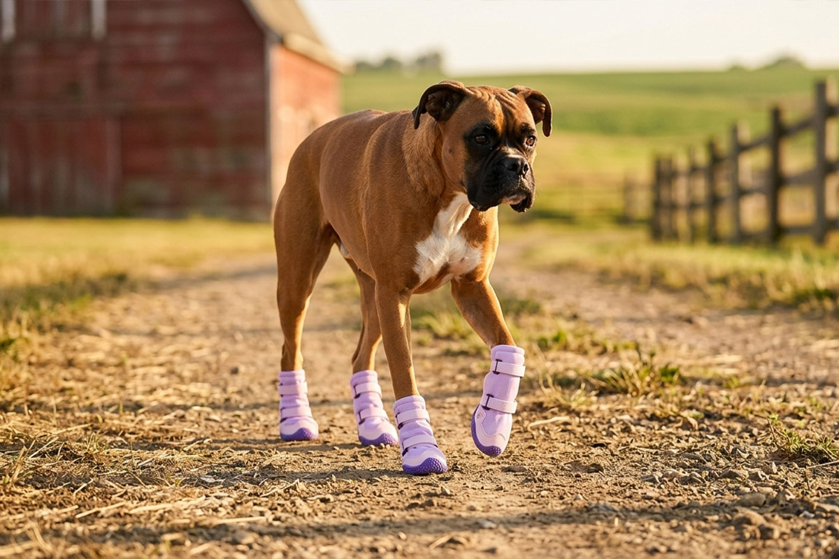 Boxer dog trotting comfortably past a rural red barn wearing taro purple water-resistant hiking dog boots.