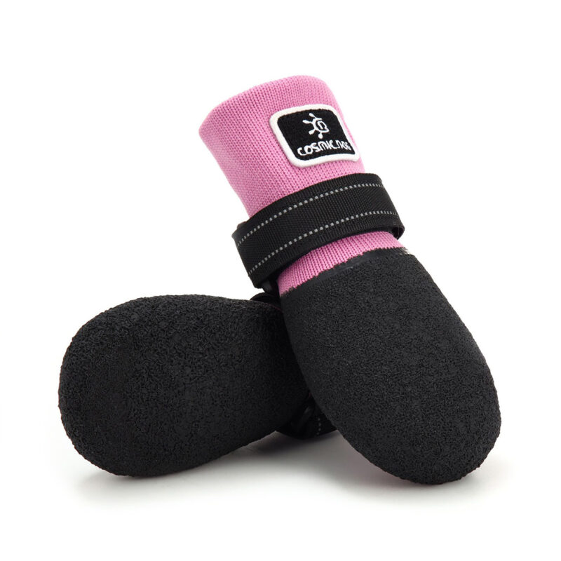Ergonomic Pink Dog Booties Detail Close-up view of sakura pink breathable knit dog booties showing the ergonomic side profile and soft cuff.