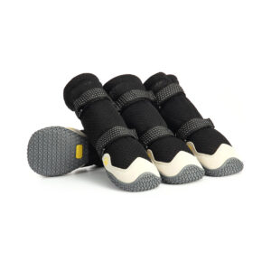 Black and Cream Summer Dog Boots with Breathable Nine-hole Mesh Canopy Premium breathable mesh dog boots in black and cream featuring four structured booties with non-slip rubber soles.
