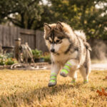 Husky puppy running across backyard grass wearing neon lime breathable mesh dog shoes with reflective straps.