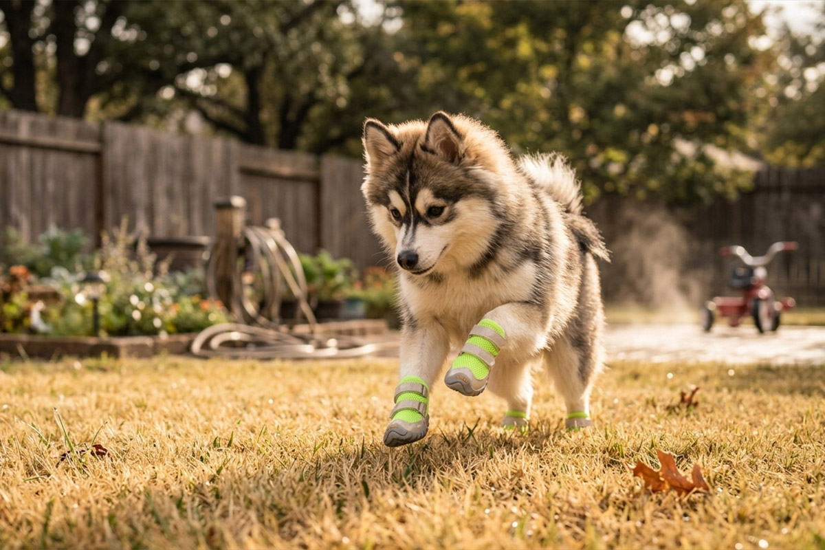 Husky puppy running across backyard grass wearing neon lime breathable mesh dog shoes with reflective straps.
