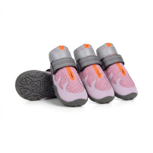 Breathable Mesh Dog Shoes Blush Pink Outdoor Performance Model Blush pink breathable mesh dog shoes with double secure webbings and extended gray mudguards for active small breeds.