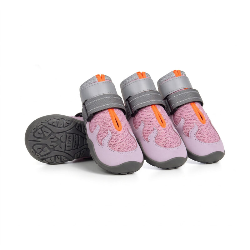 Breathable Mesh Dog Shoes Blush Pink Outdoor Performance Model Blush pink breathable mesh dog shoes with double secure webbings and extended gray mudguards for active small breeds.