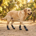 Yellow Labrador retriever walking down a dirt forest pathway wearing breathable outdoor paw protectors.