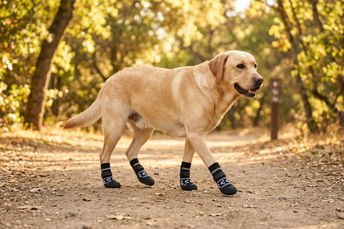 Yellow Labrador retriever walking down a dirt forest pathway wearing breathable outdoor paw protectors.