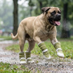 Heavy Bullmastiff jumping over wet grass trail wearing sage green snow proof outdoor dog boots.