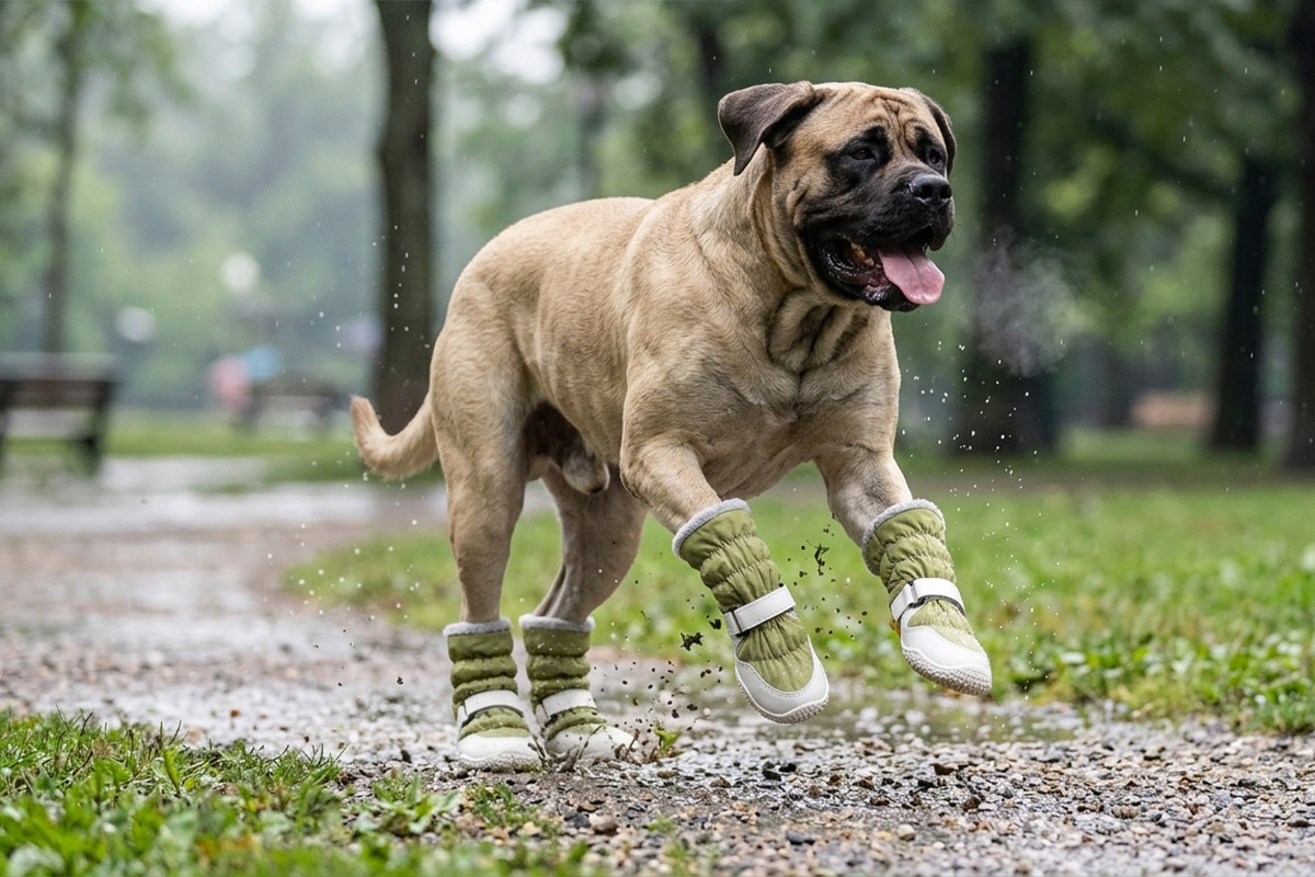 Heavy Bullmastiff jumping over wet grass trail wearing sage green snow proof outdoor dog boots.
