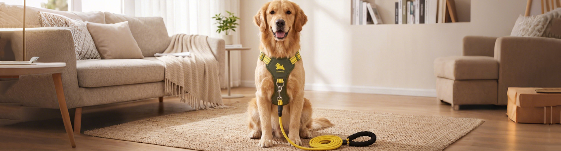 Bundles & Sets featuring a matching green harness and yellow rope leash set on a Golden Retriever.