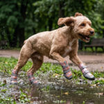 Golden Retriever leaping dynamically over a wet grass park path wearing coral pink cold-weather dog boots.