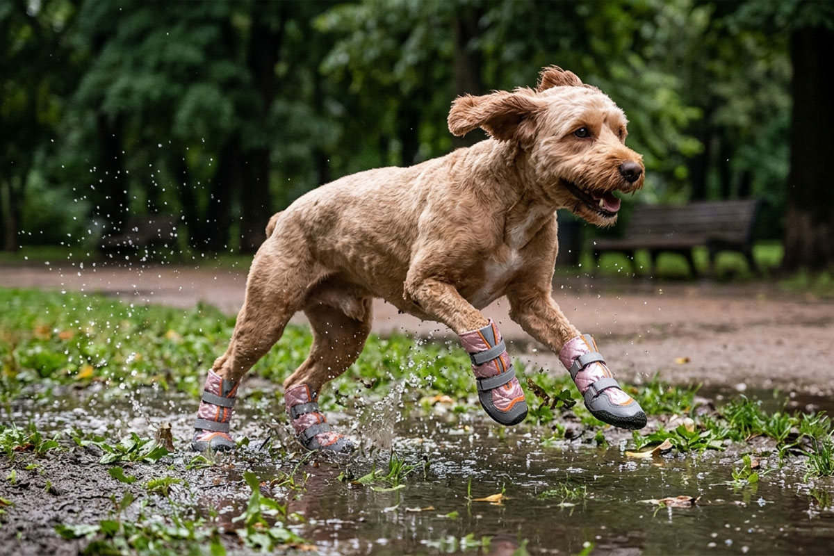 Golden Retriever leaping dynamically over a wet grass park path wearing coral pink cold-weather dog boots.