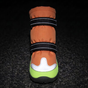 Cold Weather Paw Protection Night Safety Reflection High-visibility panels glowing bright on cold weather paw protection boots under dark night environment safety.