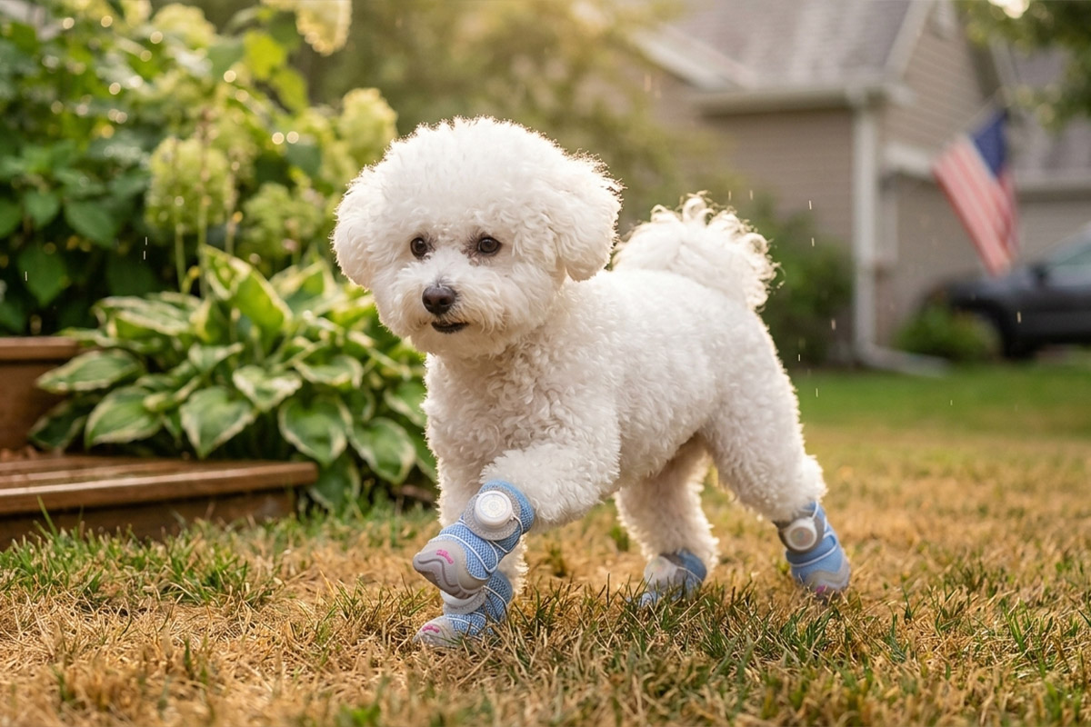 A small white Bichon Frise dog running fast over backyard turf wearing denim blue comfort fit soft-sole dog shoes.