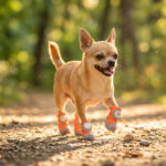 A small tan Chihuahua running dynamically on a sunlit dirt park path wearing tangerine orange cooling summer dog shoes.