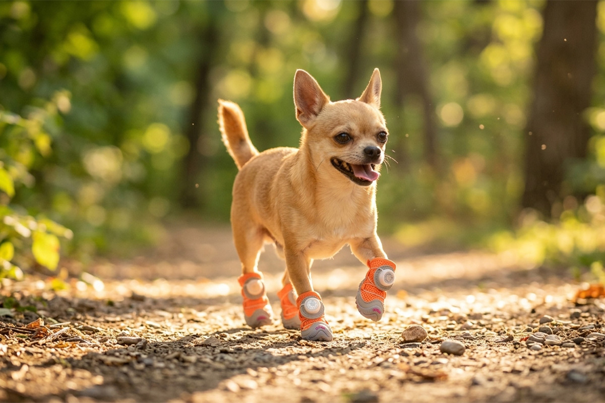 A small tan Chihuahua running dynamically on a sunlit dirt park path wearing tangerine orange cooling summer dog shoes.