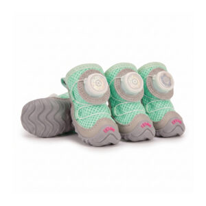 Sage Green Cooling Summer Dog Shoes Pack Sage green cooling summer dog shoes showcasing light pastel green mesh grids and white wire closure dial systems.