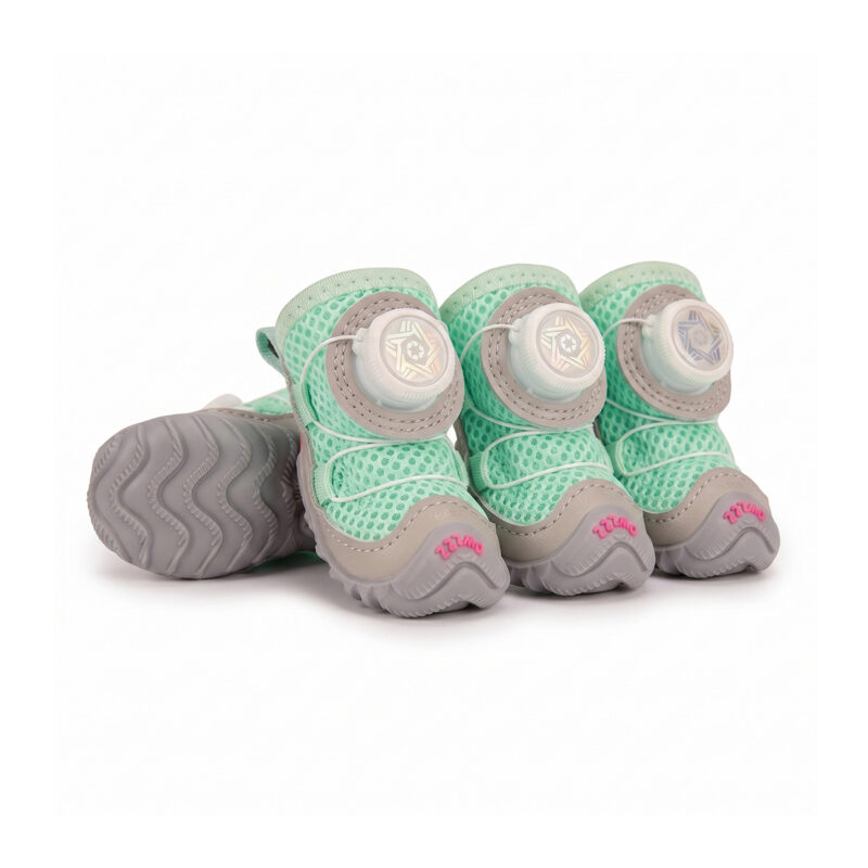 Sage Green Cooling Summer Dog Shoes Pack Sage green cooling summer dog shoes showcasing light pastel green mesh grids and white wire closure dial systems.